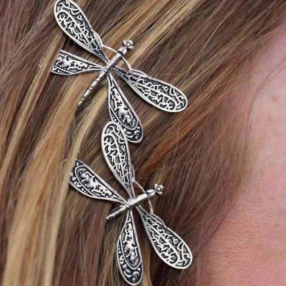 Dragonfly hair clips 2pcs set silver nature